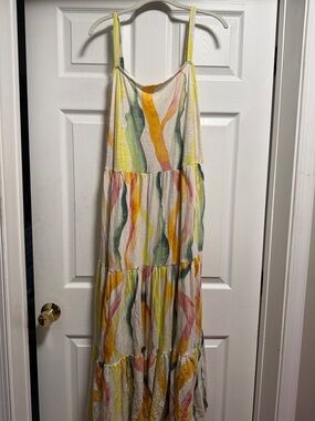 Torrid Cream Watercolor Stripe Maxi Dress with Pink, Yellow, Green Washes